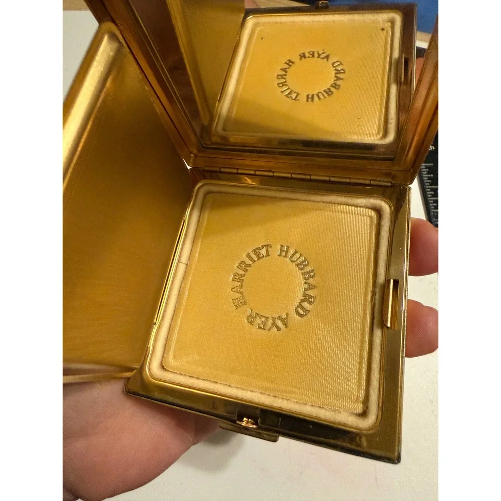 Harriet Hubbard Ayer Vintage Gold Tone Plaid Powder Compact with Mirror & Puff
